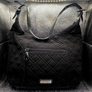 Vera Bradley Black Quilted Microfiber Hobo Bag Patent Trim Shoulder Purse